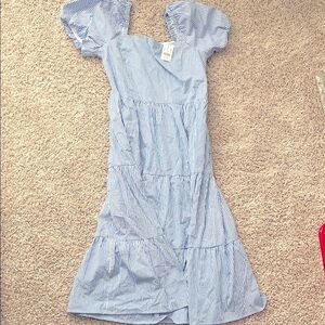 New with tags! J.crew blue and white stripe ruffle sleeve midi dress.